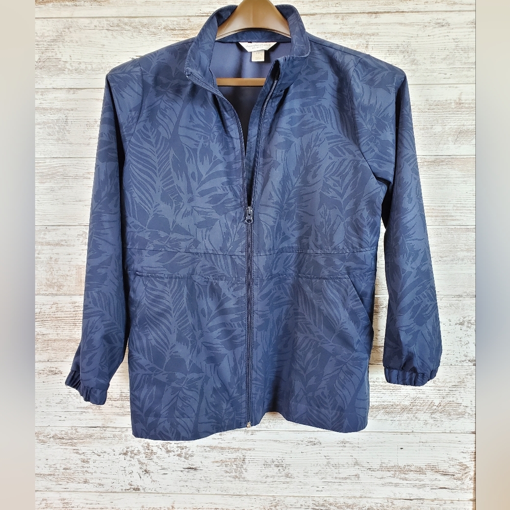 Christopher & Banks Navy Blue Tropical Leaf Jacquard Full Zip Jacket Size PM